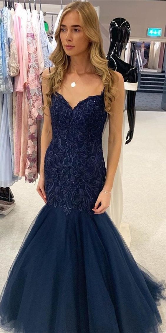 Mermaid Spaghetti V Neck Navy Tulle Beaded Prom Dresses cg8440