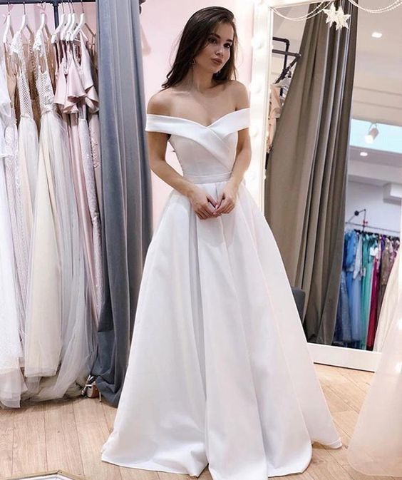 Simple White Off the Shoulder Satin Prom Dress cg8446