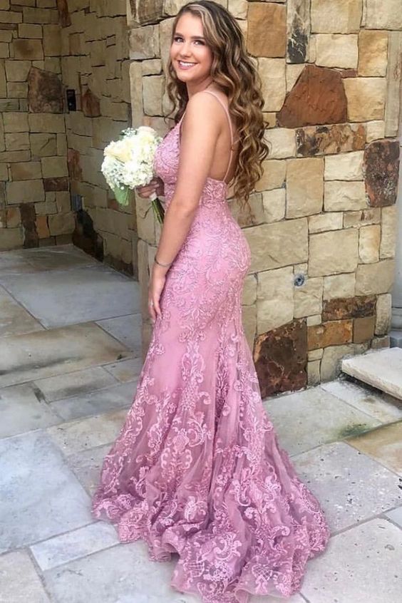 V Neck Spaghetti Strap Mermaid Pink Lace Long Prom Dress cg8466
