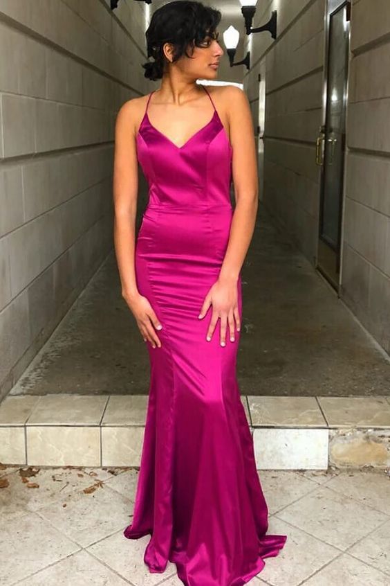Cowl Back Mermaid Fuchsia Satin Long Prom Dress Spaghetti Strap Prom Dress cg8469
