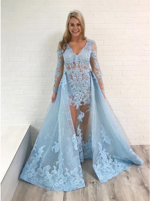 Mermaid V-Neck Long Sleeves Light Blue Organza Overskirt Prom Dress with Appliques cg8481