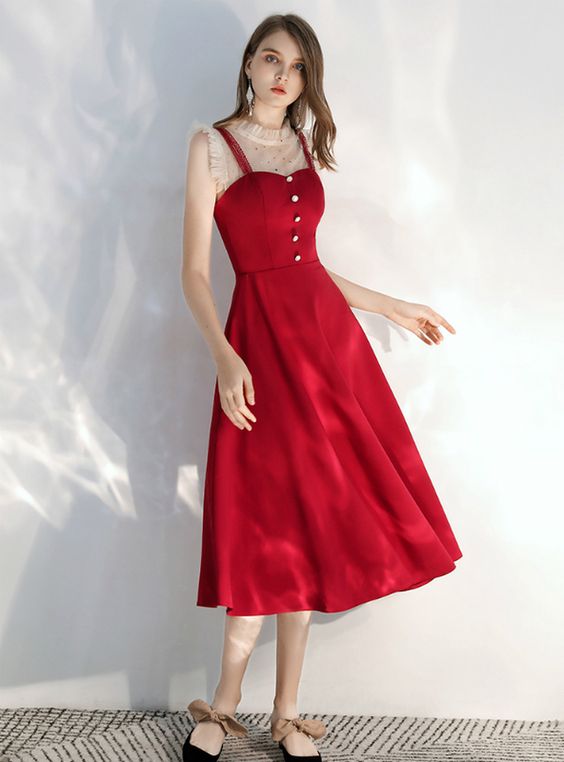 Burgundy Satin Tea Length Prom Dress 2020 cg8483