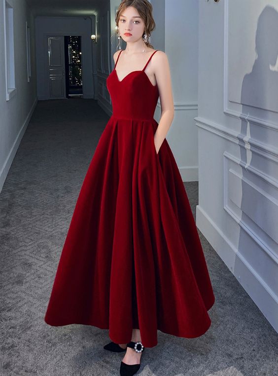 A-Line Burgundy Spagehtti Straps Ankle Length Prom Dress cg8484