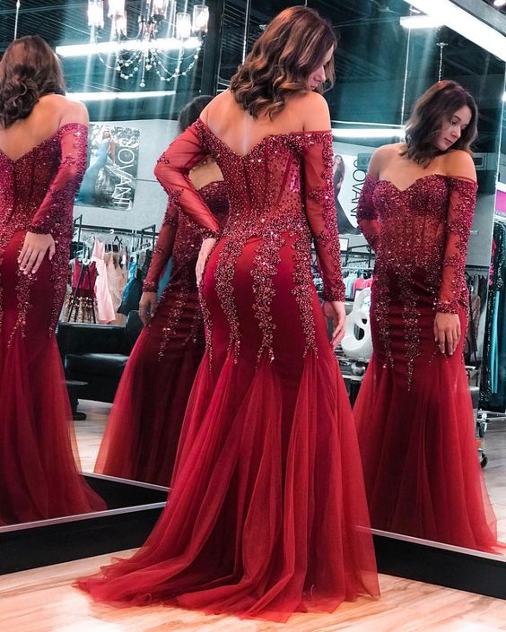 Off The Shoulder Long Red Prom Dress With Beading cg8502