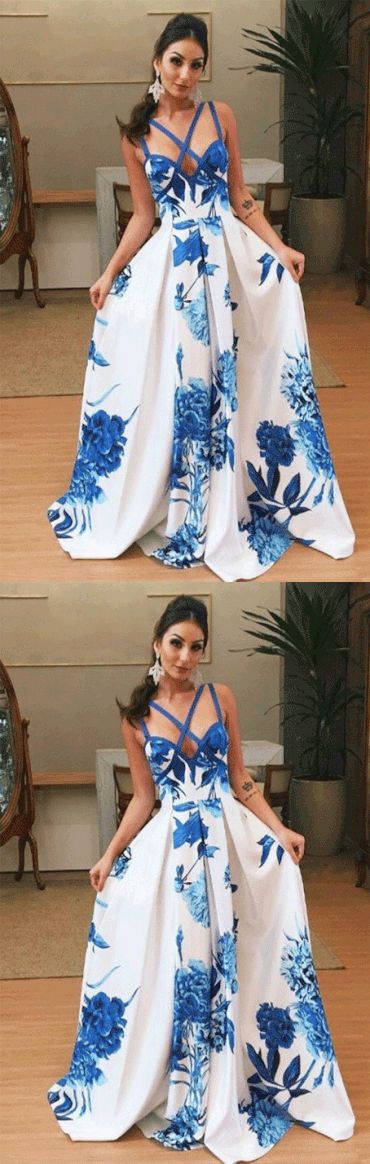 Square Sweep Train Blue Printed Satin Criss-Cross Straps Prom Dress cg8506