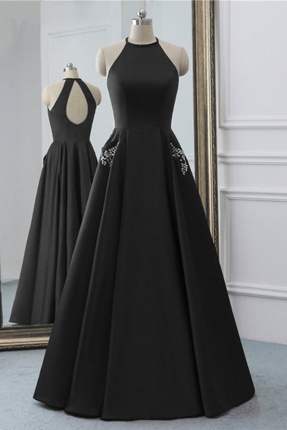 Simple Black Satin Open Back Long O Neck Prom Dress, Evening Dress cg8512