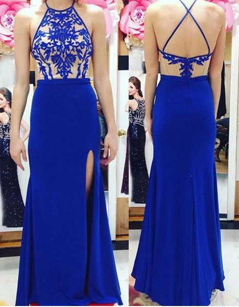 Sexy Royal Blue Slit Mermaid Prom Dresses, Open Back Long Evening Dress cg8520