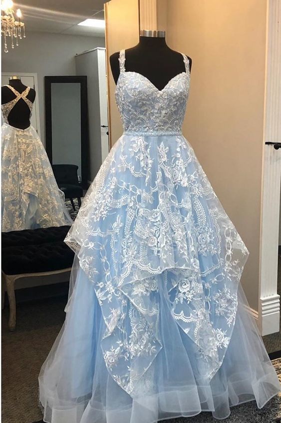 Gorgeous Light Blue and White Lace Long Formal prom Gown cg8532