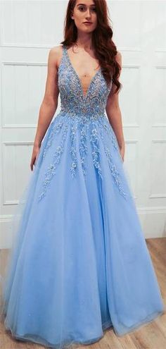 A-line Floor-length Deep V-neck Appliques Backless Long Prom Dresses cg8546