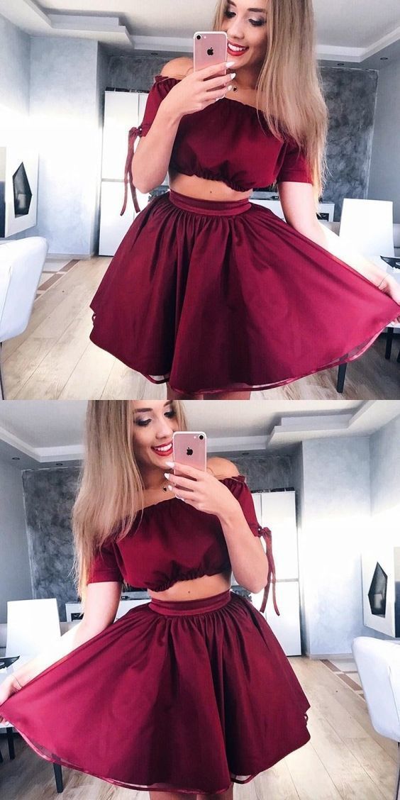A-Line Off the Shoulder Short Sleeves Burgundy Short Homecoming Dress cg855
