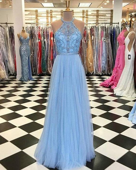 Delicate Light Sky Blue Prom Dresses with Halter Beaded Tulle Ruffles Long Prom Gowns cg8553