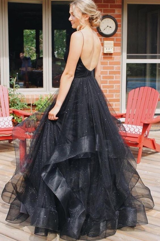 2020 black long prom dress with open back and cascade cg8576