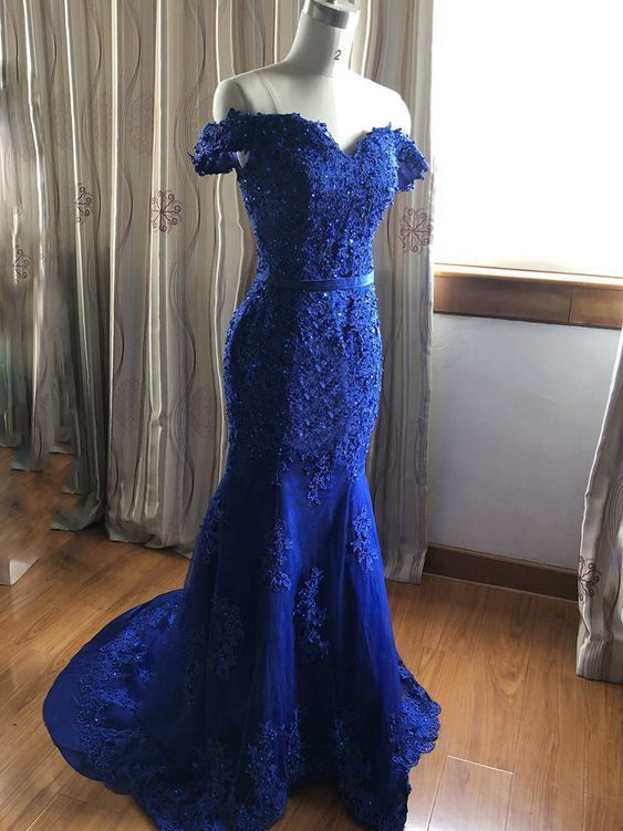 mermaid royal blue lace prom dress cg8587