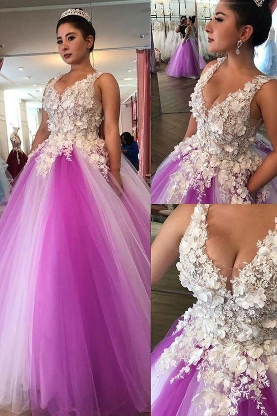Fantastic Tulle V-neck Neckline Floor-length Ball Gown Prom Dresses With Lace Appliques & Beaded Handmade Flowers cg8595