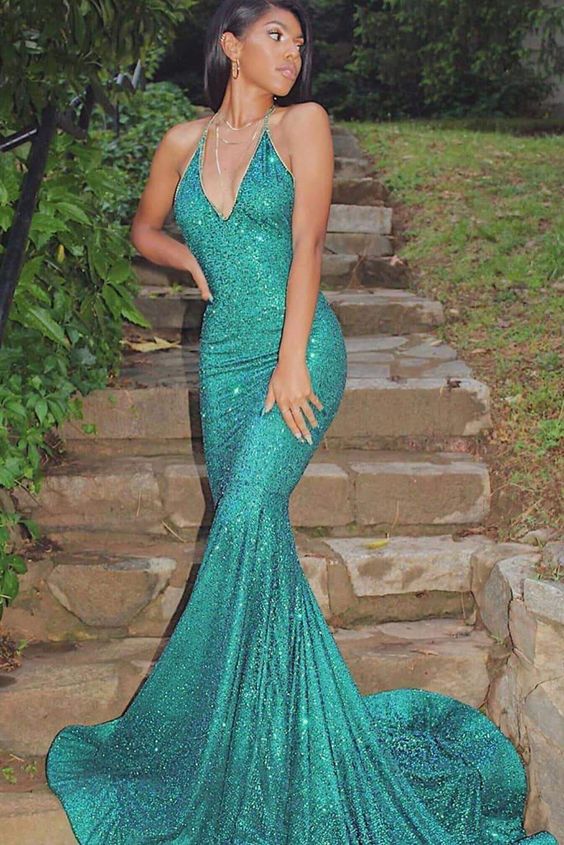 Gorgeous Halter Sleeveless Sparkly Shiny Mermaid Prom Dresses cg8610