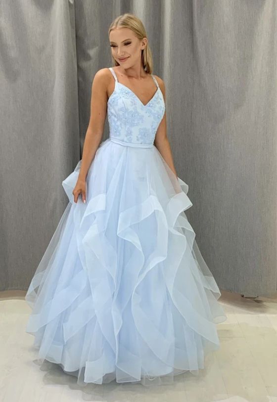 Blue v neck tulle lace prom gown formal dress cg8616