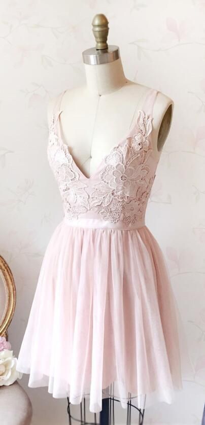 Cute A Line V Neck Backless Tulle Pink Short Homecoming Dresses with Appliques cg8632