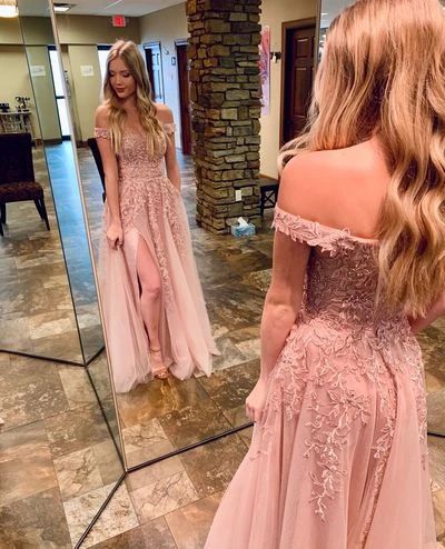 Off the Shoulder Blush Pink Tulle Long Prom Dress with Slit cg8635