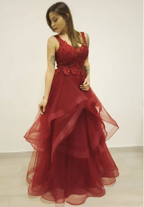 Burgundy v neck lace prom dress party dress cg8642