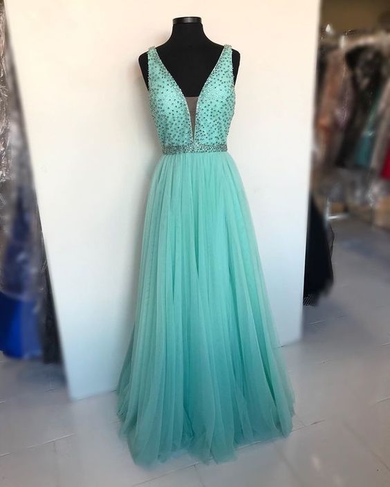 Charming V neck Beaded Evening Dress, Elegant Tulle Long Prom Dress cg8649