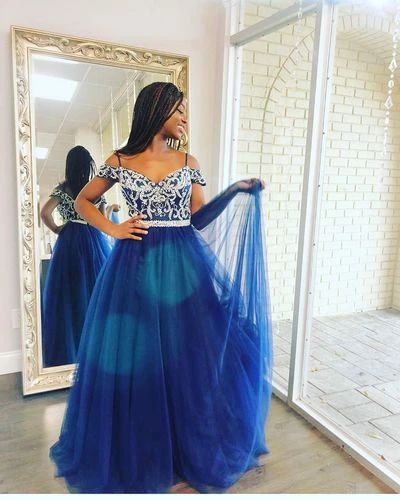 Cold Sleeves Navy Blue Tulle Long Prom Dress cg8658