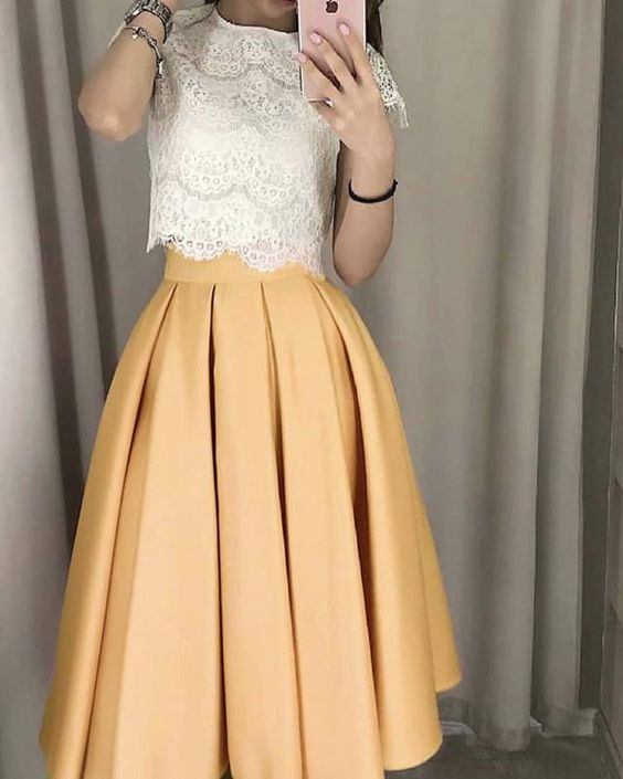 White Lace Crop Homecoming Dresses Two Piece cg8663