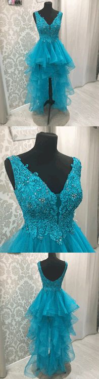 blue v neck lace tulle long prom dress cg8668