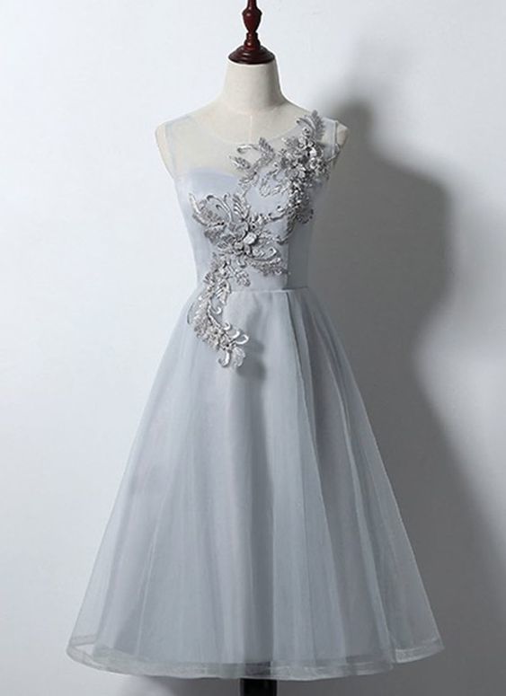 Simple Gray Tulle Mid Length Halter Prom Dress cg8677