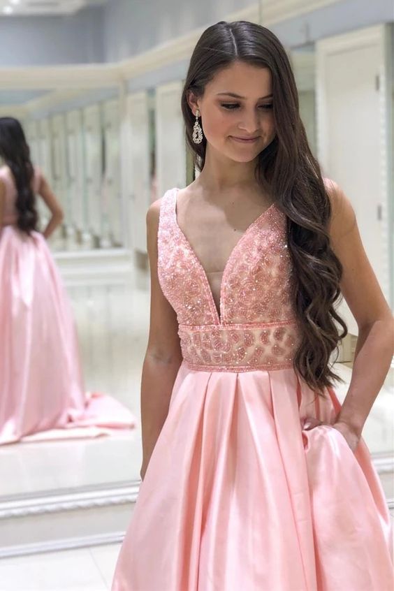 V Neck Beaded Pink Long Prom Dress with Pockets cg8703
