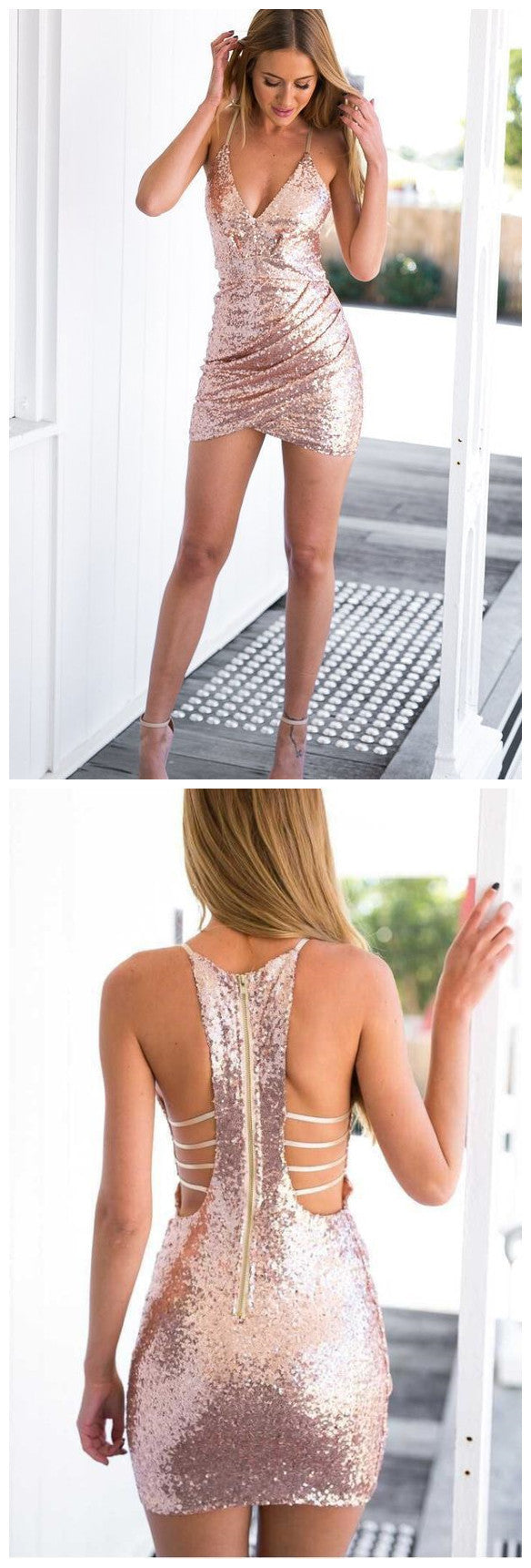 Sequins Deep V-neck Spaghetti Straps Short homecoming Bodycon Dress cg871