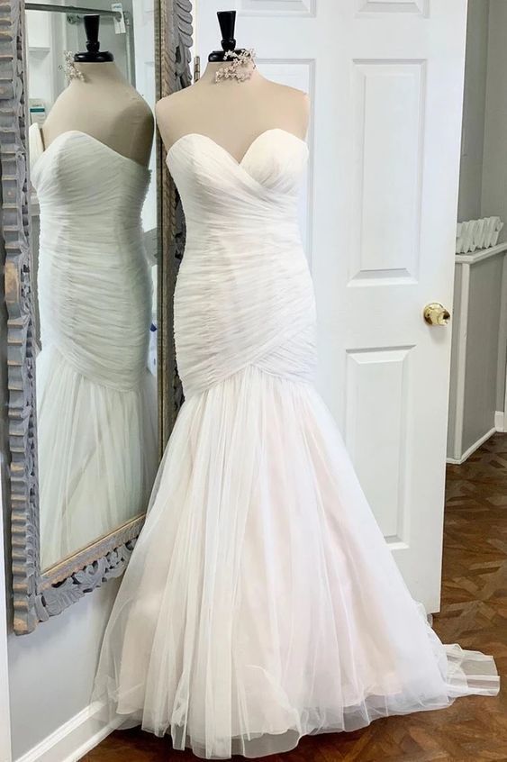 Sweetheart Neck White Tulle Long Mermaid Prom Dress cg8710