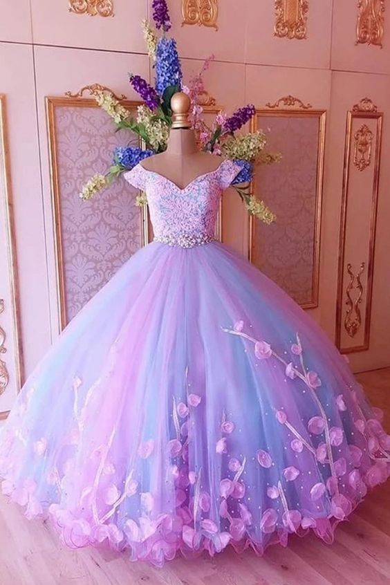 Attractive Tulle Off-the-shoulder Neckline Ball Gown Evening prom Dresses With Lace Appliques & Handmade Flowers & Rhinestones cg8718