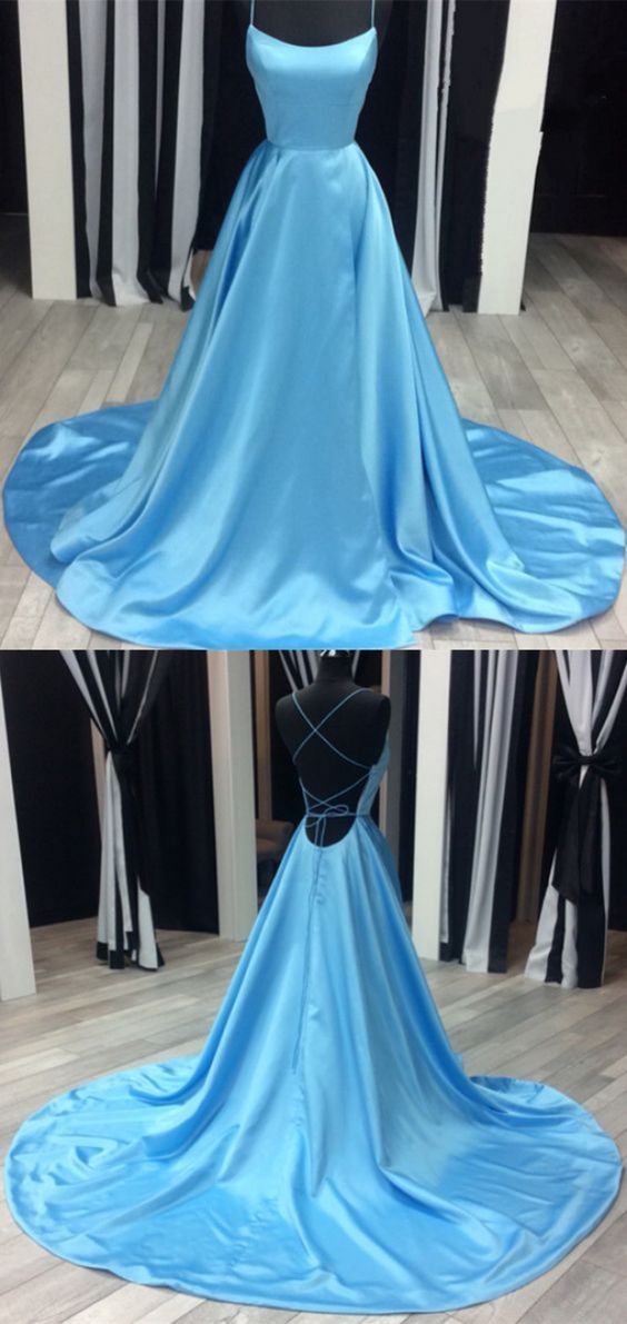 Blue Satin Open Back Prom Dresses Leg Slit Evening Gowns cg8731