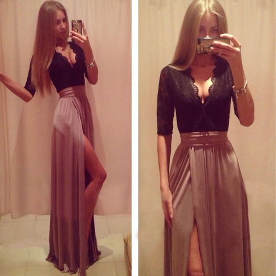 V Neck Prom Dress,Long Sleeve Prom Dress,Prom Dress With Slit,Chiffon Prom Dress cg8738