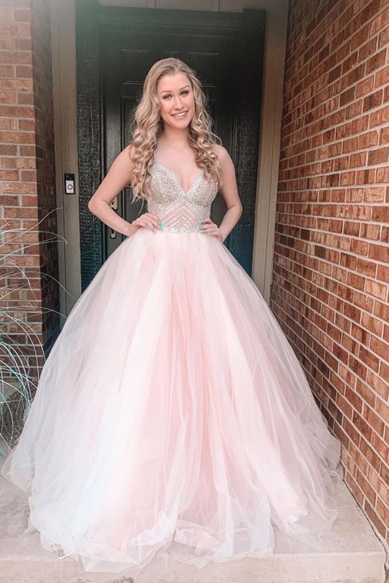 see through beadede bodice pink tulle long prom dress ball gown cg8742