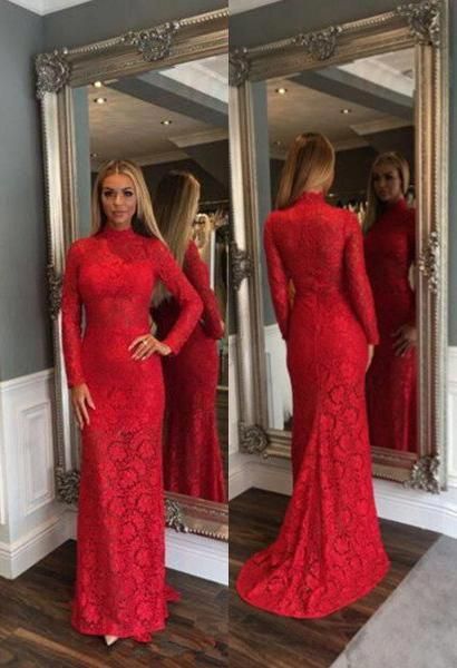 2020 Gorgeous Red High Neck Long Sleeve Column/Sheath Lace Prom Dresses cg8745