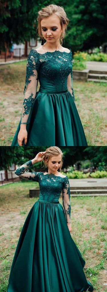 Green Satin Long Sleeve Lace Prom Dress, Green Lace Formal Dress cg8749