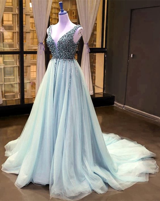 light blue tulle prom dress v neck pearl beaded cg8752