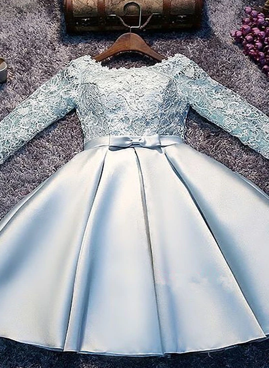Light Blue Satin And Lace Long Sleeves Party Dress, Cute Short Graduation homecoming Dress cg8766
