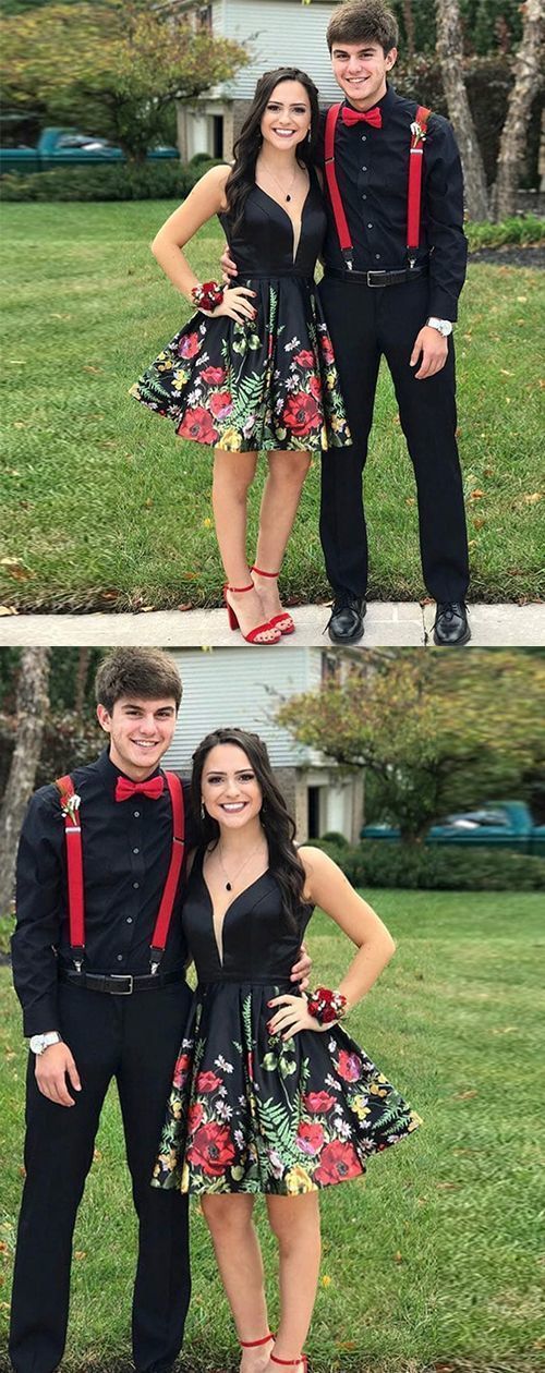 A-Line Deep V-Neck Floral Black Satin Short homecoming Dress cg877