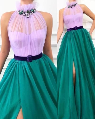 Unique Sexy High Neck Prom Dress Sleeveless High Split Formal Evening Dresses Long Party Gowns cg8776