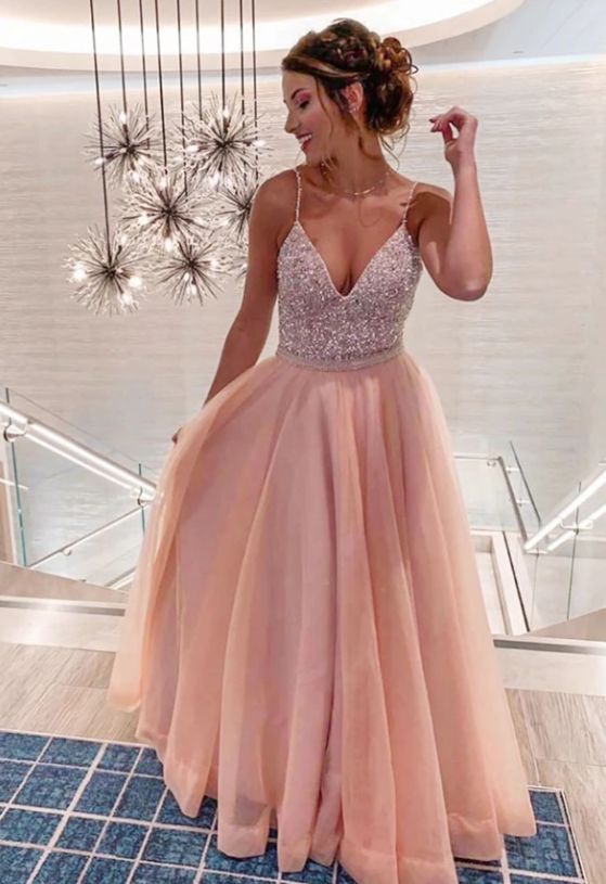 Pink v neck tulle beads prom dress evening dress cg8780