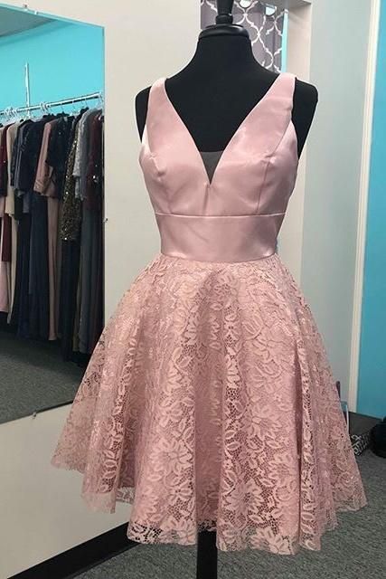 Pretty V-neck Pink Lace Satin V-neck Short Homecoming Dresses cg8797