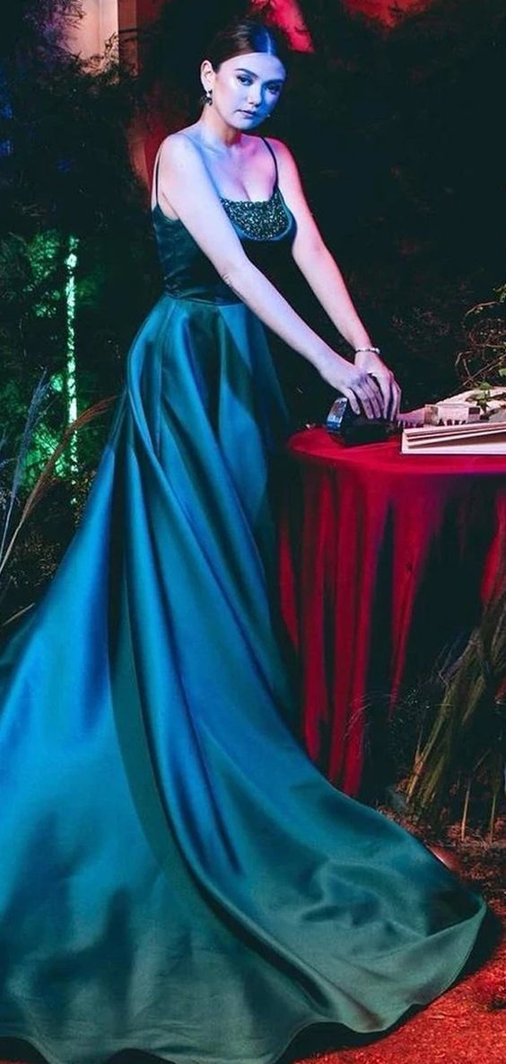 Shinny Dark Green Spaghetti Straps A-Line Satin Prom Dresses cg8803