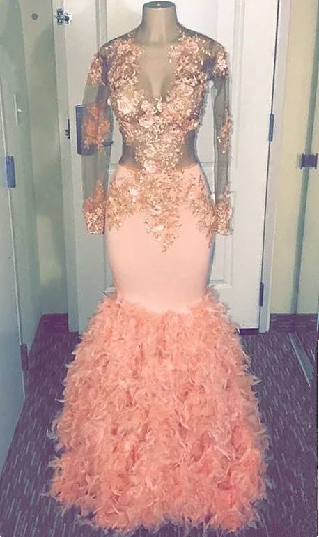 Coral Pink Mermaid Long Sleeve Long Prom Dresses Cheap | Sheer Tulle Appliques Ruffles Formal Dresses cg8806