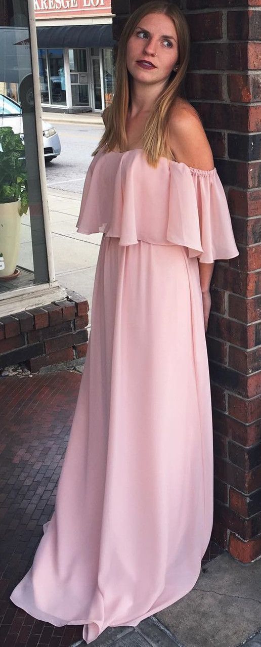 Off the Shoulder Ruffle Pink Long Chiffon Bridesmaid prom Dress cg8843