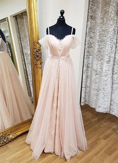 Sweetheart blush pink tulle long customize prom dress, long lace bridesmaid dresses cg8857