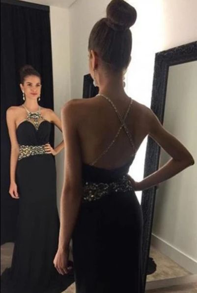 Mermaid Jewel Backless Sweep Train Criss-Cross Straps Black Prom Dress with Beading cg8871