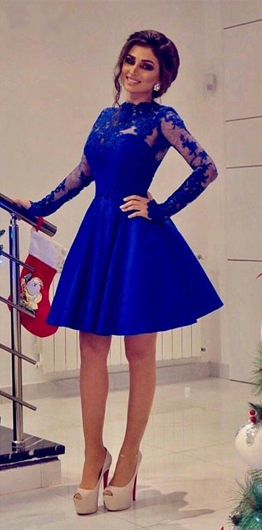 Short Long Sleeves Royal Blue A Line Knee Length Homecoming Dress for Girls cg8897