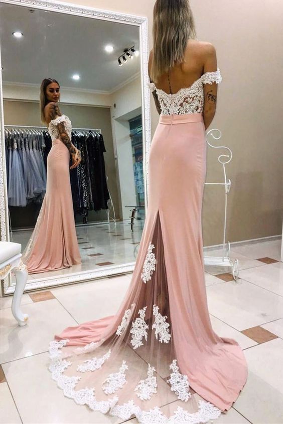 Elegant Off the shoulder Pink Mermaid Long Prom Dress cg8922